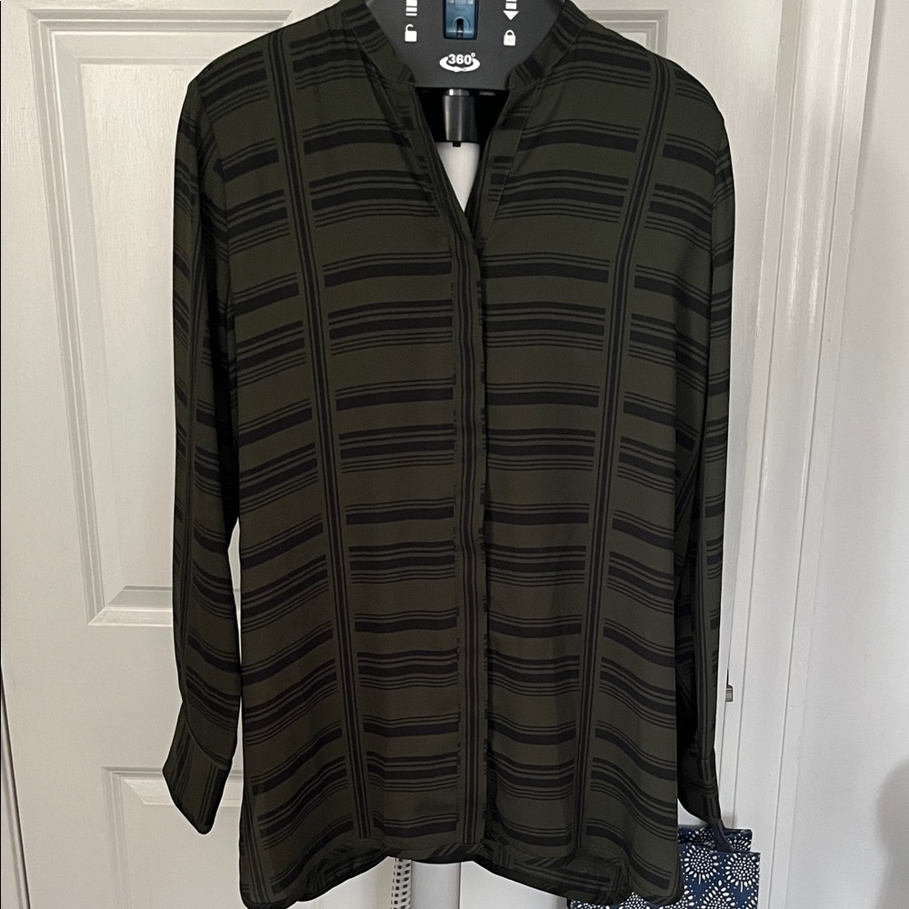 Ann Taylor Green and Black Striped Blouse